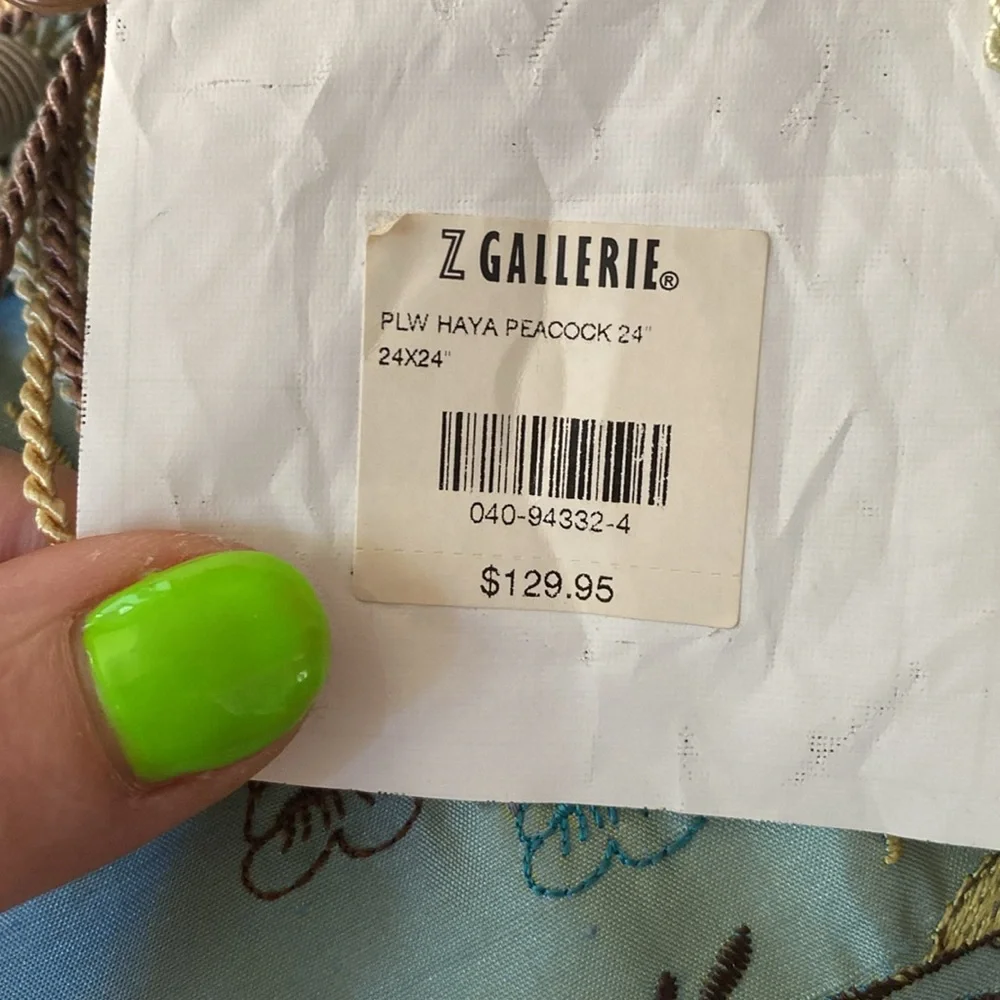 NWT Z Gallerie Silk Velvet Embroidered Throw Pillow 24x24 Blue Floral Fringe